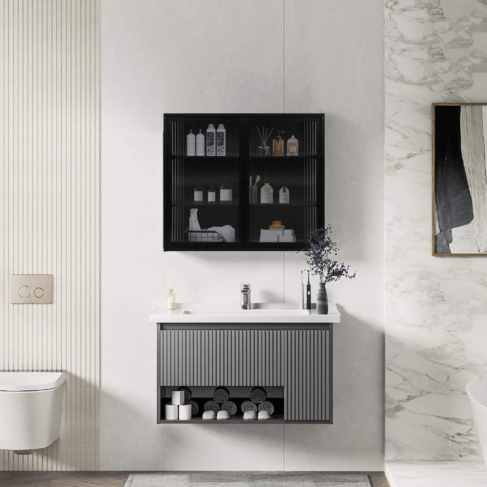 27.56"Glass Doors Modern Two-door Wall Cabinet with Featuring Three-tier Storage for Entryway Living Room Bathroom Dining Room