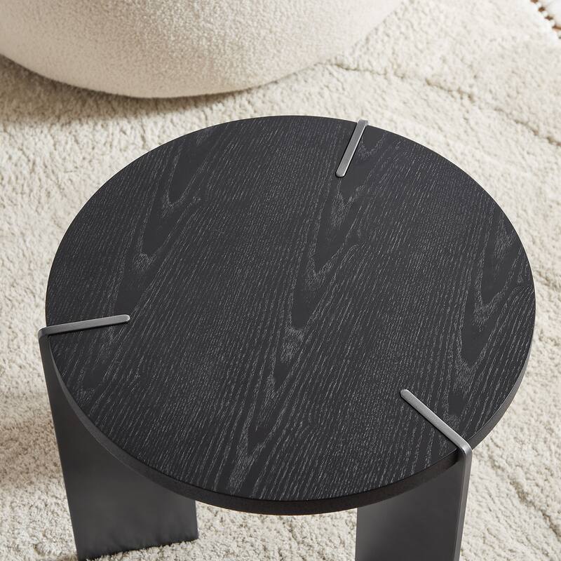 Round Coffee Table Black Oak Wood Surface and Black Metel Feet
