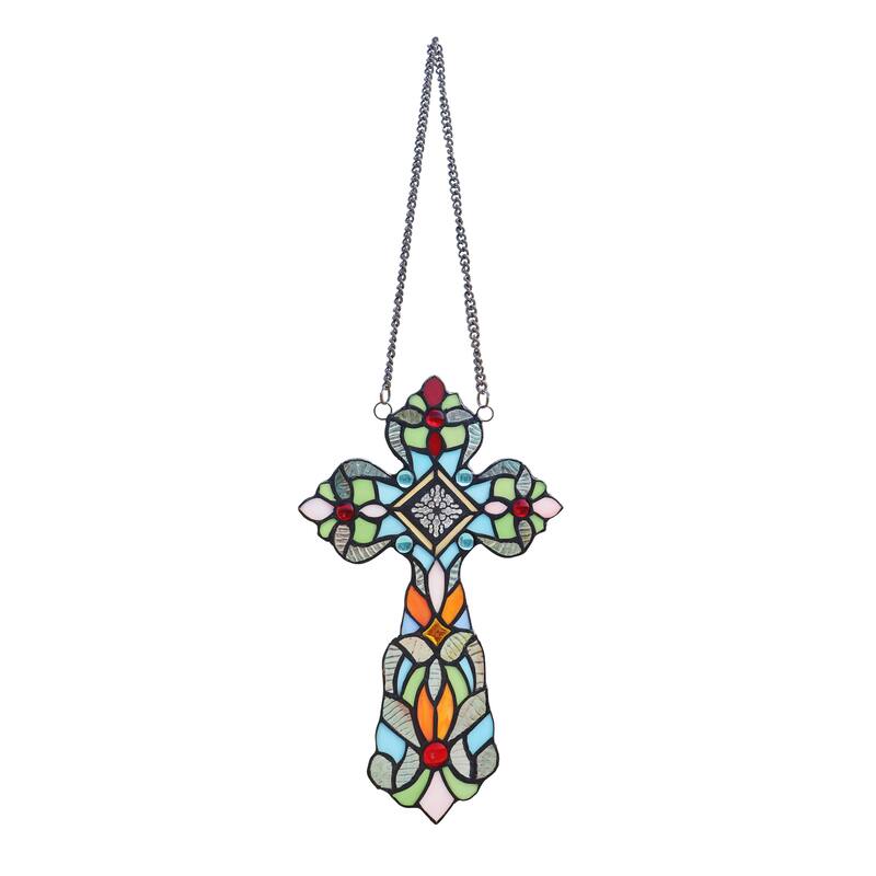 13" x 8" Victorian Design Cross Stained Glass Panel/ Suncatcher - Blue