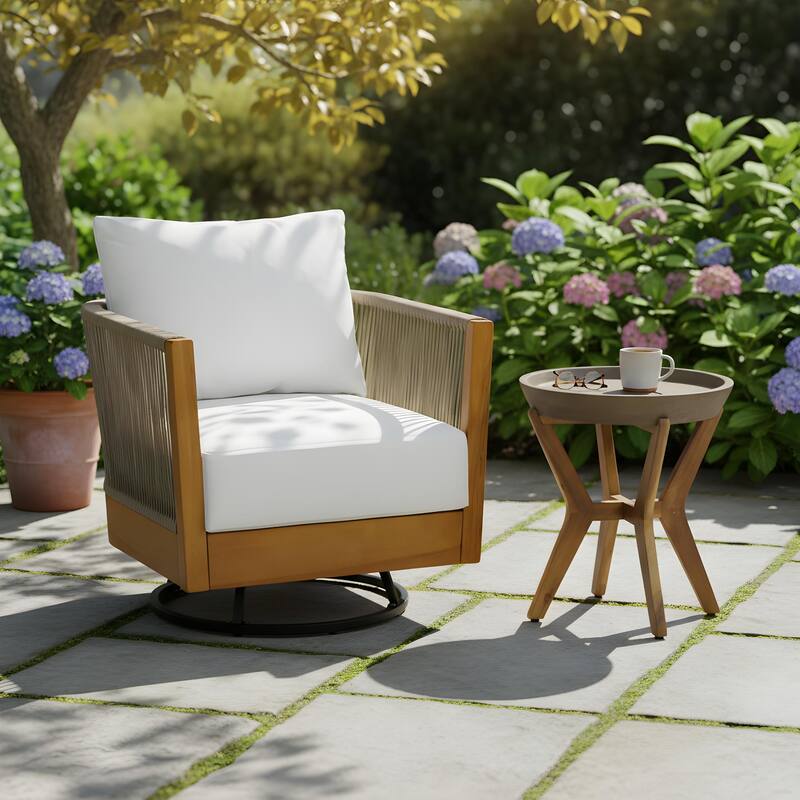 Outdoor Acacia Wood Rope Swivel Lounge Chair with Cushion and Concrete-Acacia Side Table