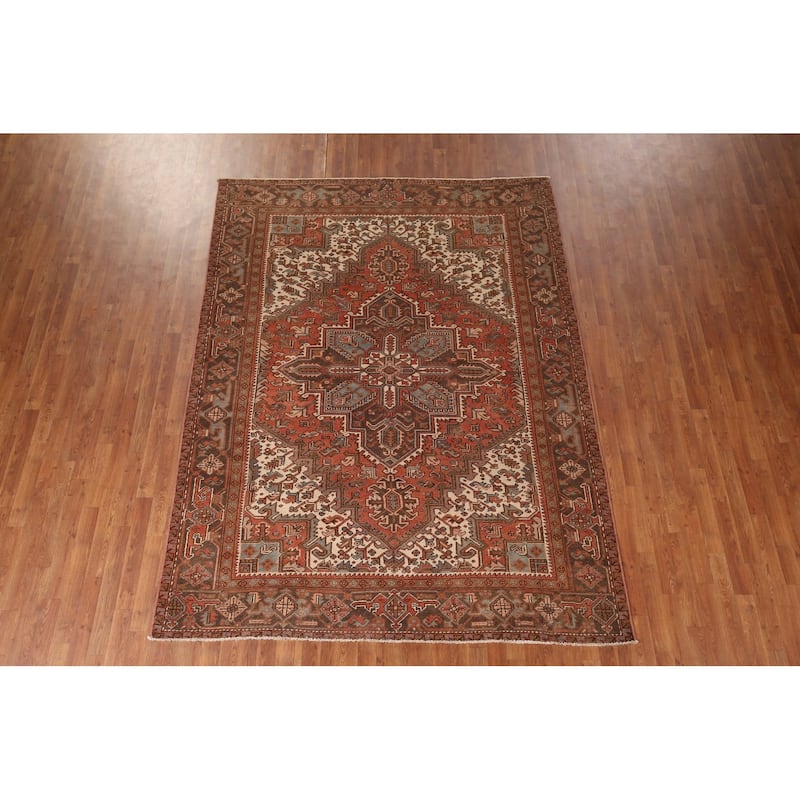 Orange Geometric Heriz Persian Vintage Area Rug Handmade Wool Carpet - 7'2"x 9'8"