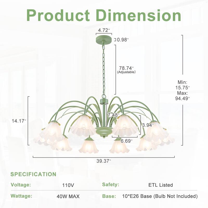 Botanical Green Chandelier with Floral Frosted Glass Shades