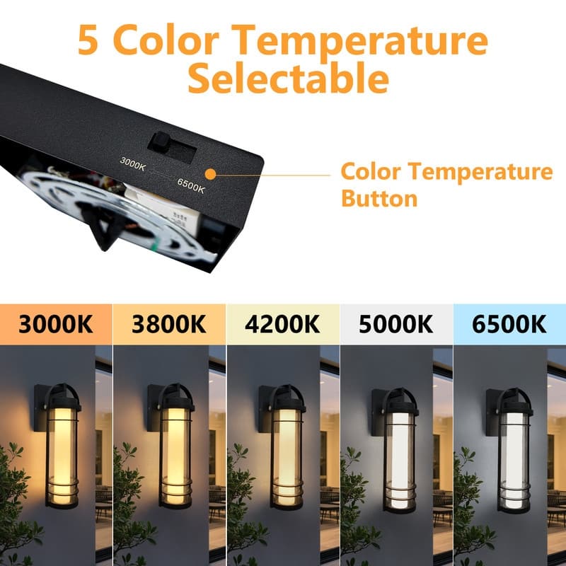 Modern LED Outdoor Wall Lanterns -15" Black Sconces With 5 Adjustable Color Temperatures, Waterproof (2-Pack)
