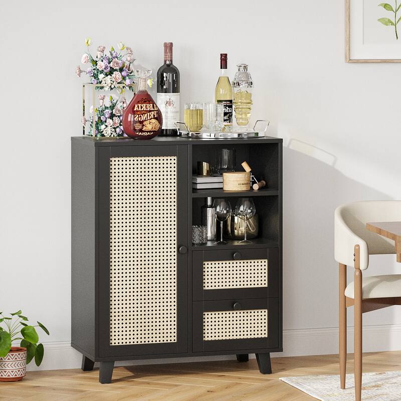 Rattan Buffet Cabinet with Adjustable Shelf, Sideboard with Drawers for Living Room, Kitchen, Entryway
