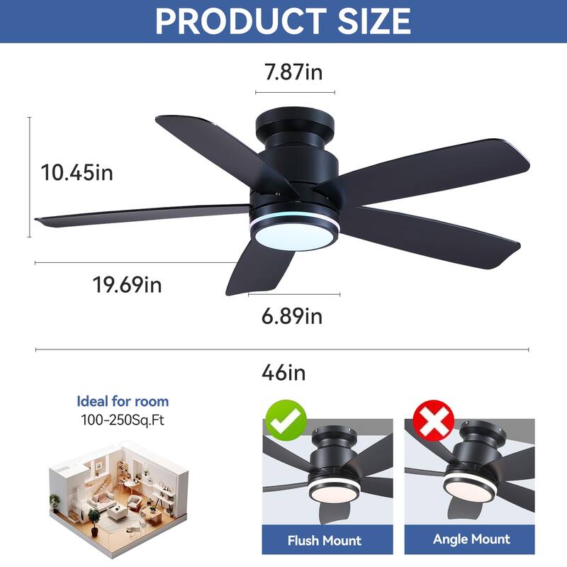 41 and 46 Inches Flush Mount Ceiling Fan with Light and Remote