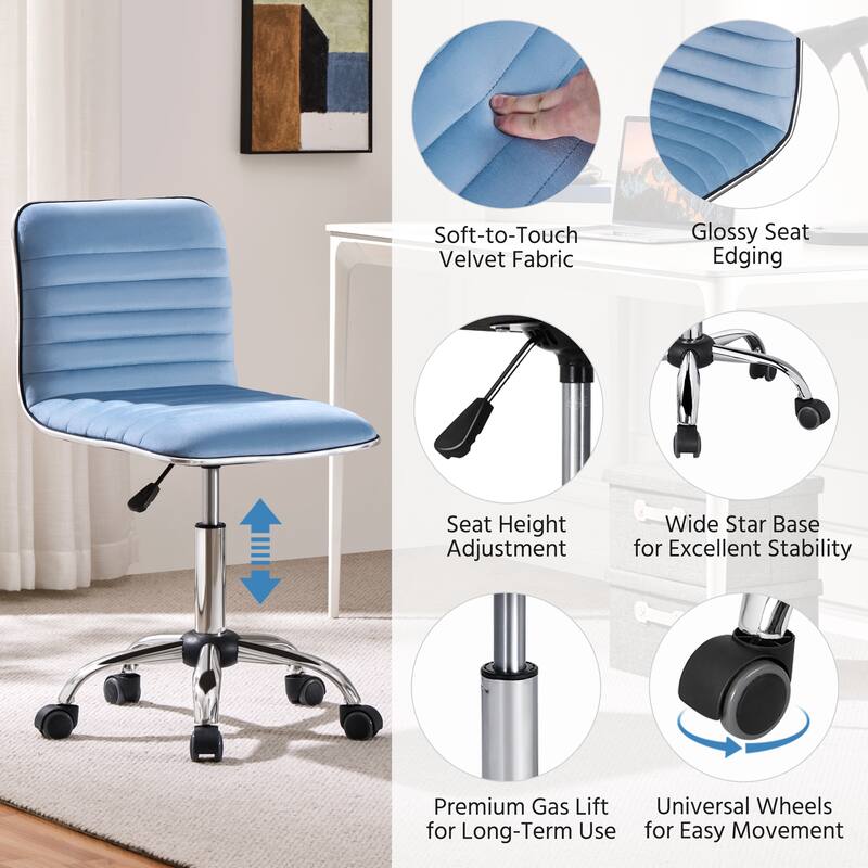 Yaheetech Velvet Low Back Armless Desk Chair Office Chair with Wheels - 19″ L × 19″ W × (31-37)″ H