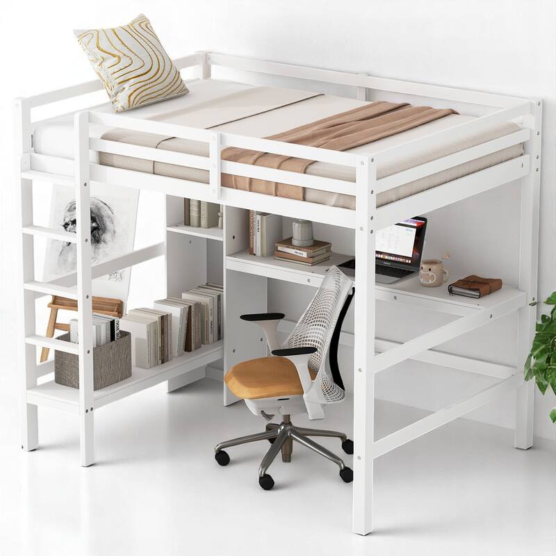 Full Loft Bed with Built-in Desk and Playful Shelves, Modern Wood Frame with Guardrails, Space-Saving Design - White - Full