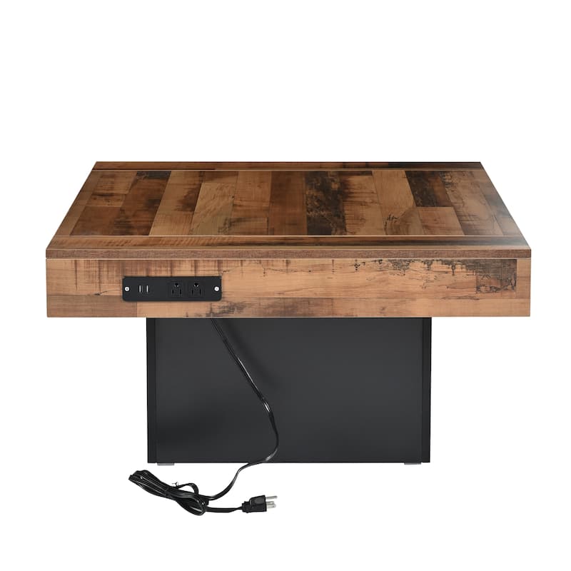 Roomfitters Square Farmhouse Coffee Table with Built-in Charging Station, Wood Grain Center Table with USB and Outlets