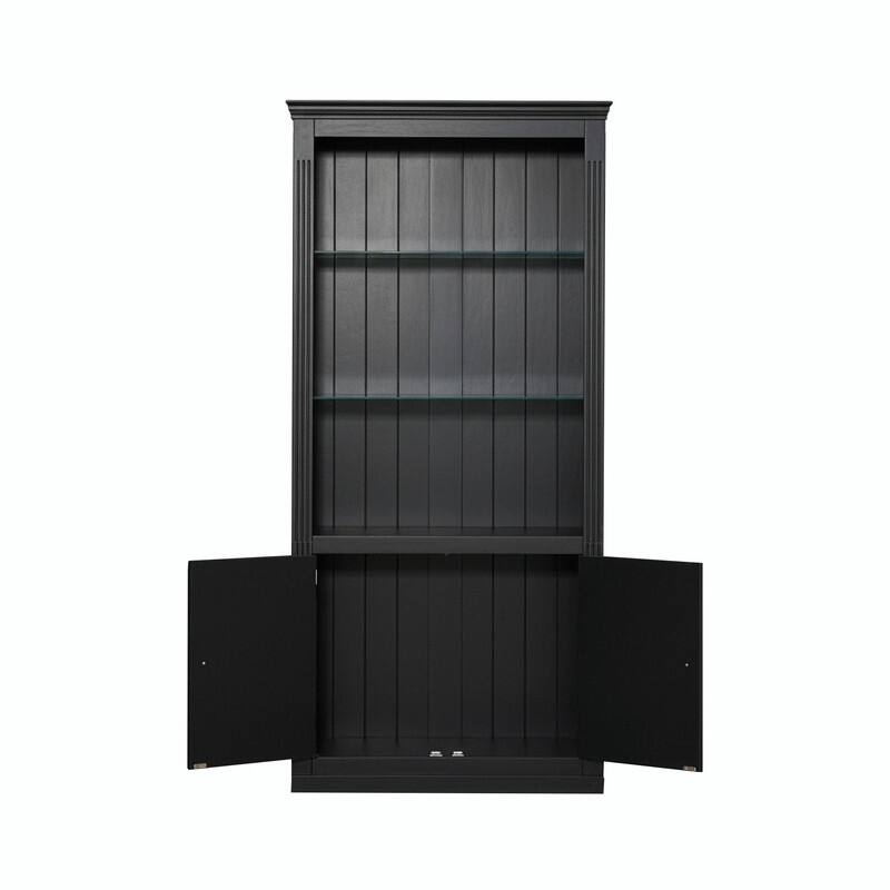 78.75" Farmhouse 4-Tier Display Bookcase with Dimmable LED Light, Glass Shelves & Storage Doors