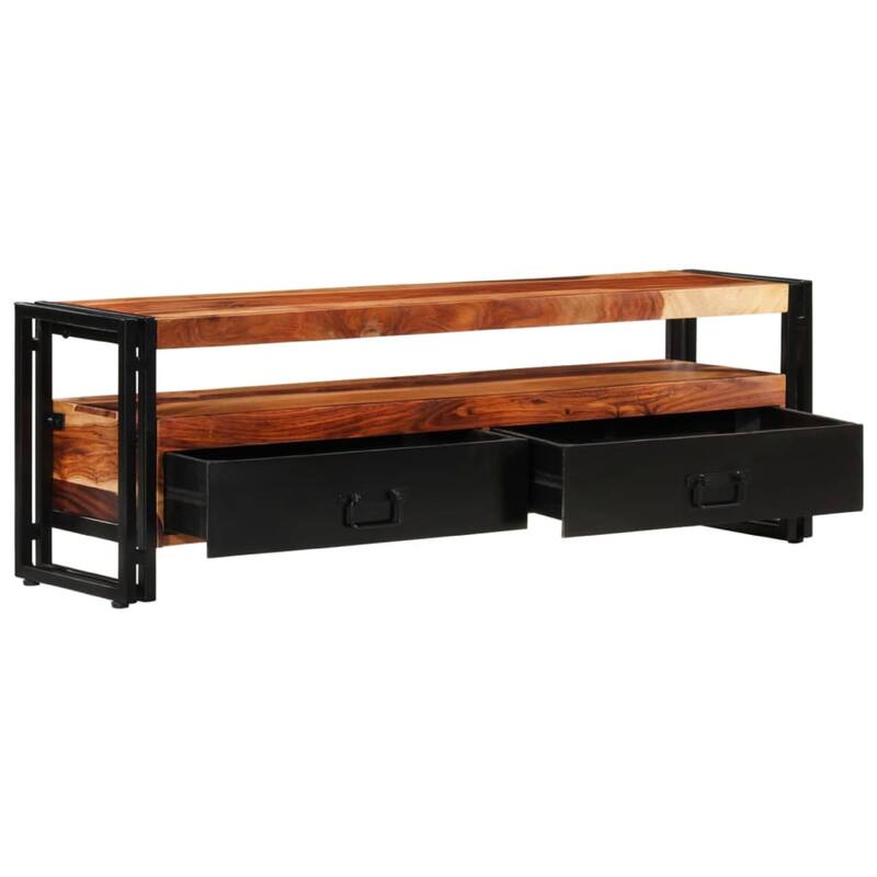 Kely TV Entertainment Media Cabinet, Brown Solid Sheesham Wood, Black Steel