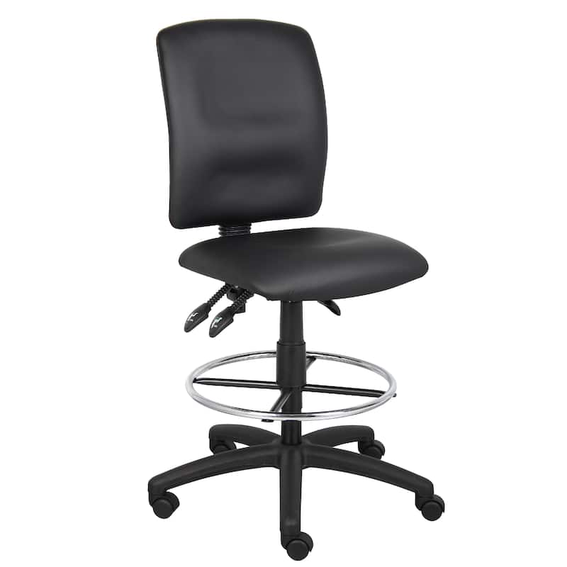 Reza Swivel Drafting Stool, Footring, Black Faux Leather, Contoured