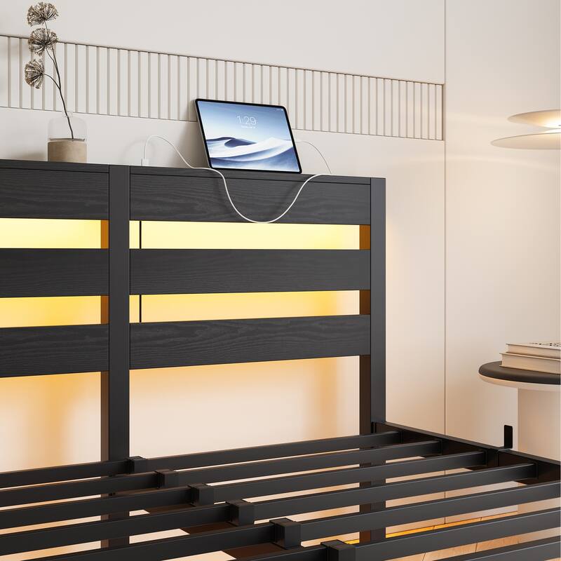 Metal Bed Frame with Wooden Headboard, RGB Lights, Outlets & Charger, Storage Shelf