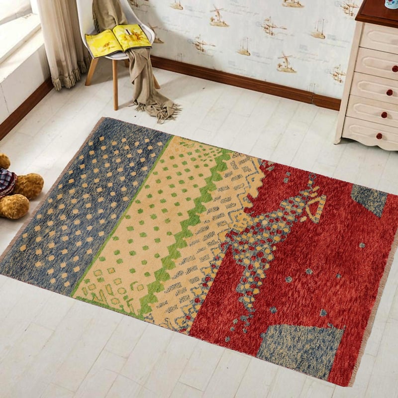 Contemporary Balochi Proctor Red/Blue Hand Knotted Wool Rug - 3'0'' x 4'11''