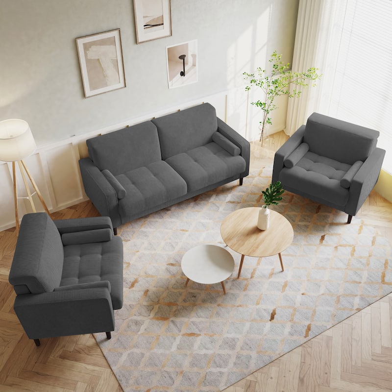 Corduroy Upholstered Armchair with Bolster Pillows Set of 2
