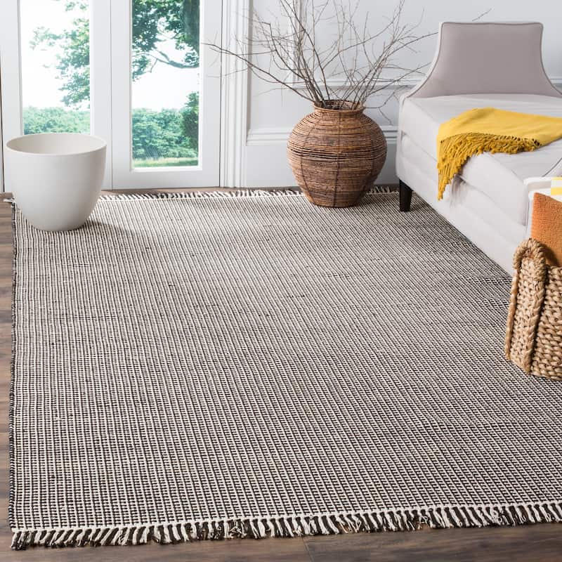 SAFAVIEH, Handmade Montauk Cliff Stripe Flatweave Cotton Fringe Rug - 8' x 10' - Ivory/Black