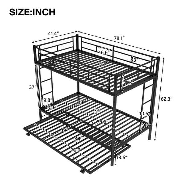 dimension image slide 2 of 3, Twin over Twin Size Metal Bunk Bed with Trundle