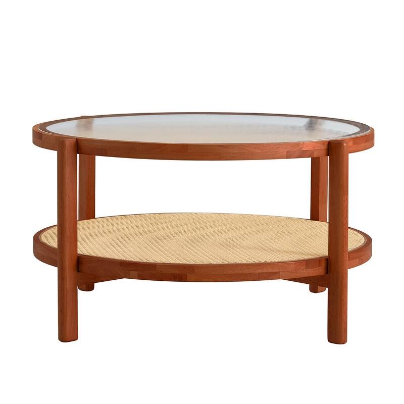 Modern minimalist circular double-layer solid wood coffee table, craft glass tabletop - Walnut
