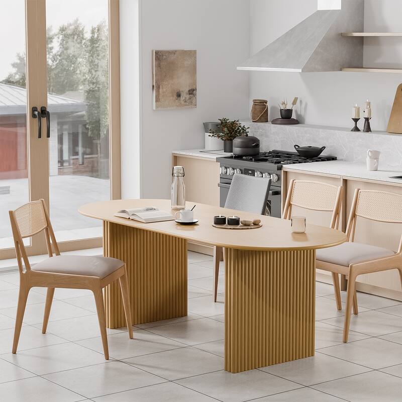 Large Oval Dining Table Seats 4-6 Modern Farmhouse Kitchen Table with Wood Strip Base for Home Living Room Kitchen Bar