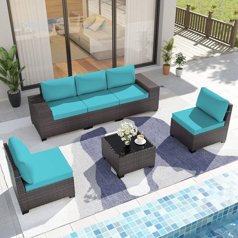 Delnavik Patio Furniture Set Sofa 6-Piece Wicker Sectional Sofa Set, Outdoor Furniture Rattan Patio Sofa Conversation Set - Turquoise