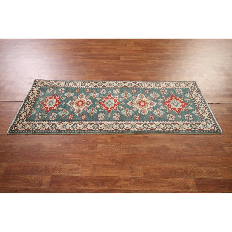 Geometric Green Kazak Oriental Runner Rug Hand-Knotted Wool Carpet - 2'3" x 5'11"