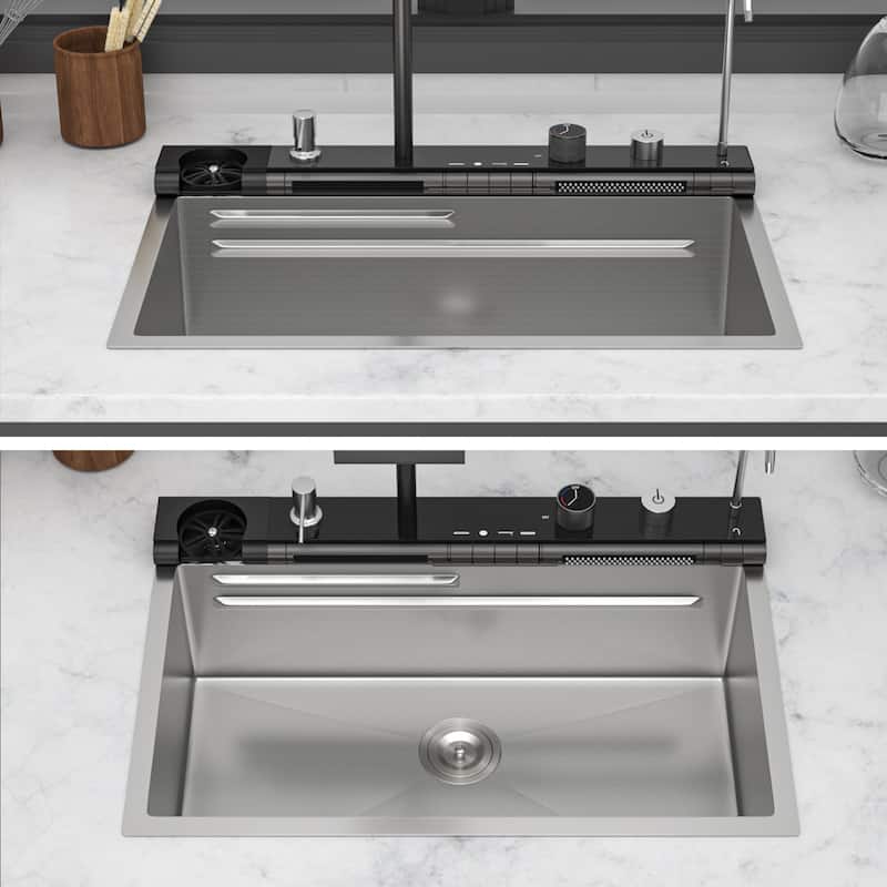 30" Drop-In 16 Gauge Single Bowl Stainless Steel Smart Digital Kitchen Sink with Faucet in Brushed Nickel - 30'' x 19'' x 9'' - Brushed Nickel - 30'' x 19'' x 9''