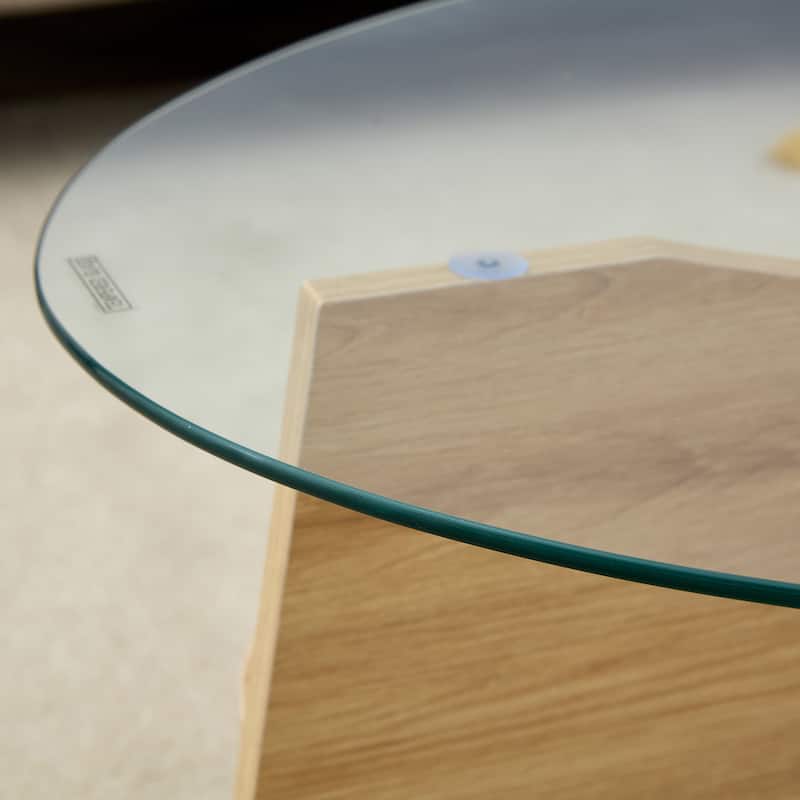 GDFStudio Elowen Tempered Glass Coffee Table with Wood Legs and Multi-Functional Design