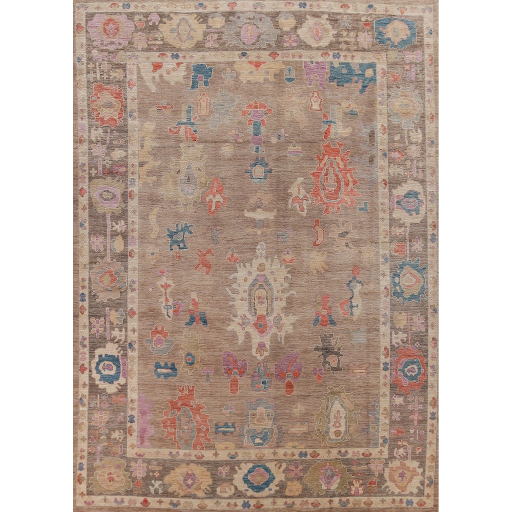 Hand Knotted Oriental 100% Wool Carpet Transitional All-Over Brown Oushak Area Rug - 12' 4'' X 9' 5''