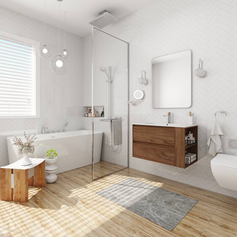 30" Wall-Mounted Bathroom Vanity with Gel Basin, Soft-Close 2/3 Extended Drawers, Adjustable Side Rack