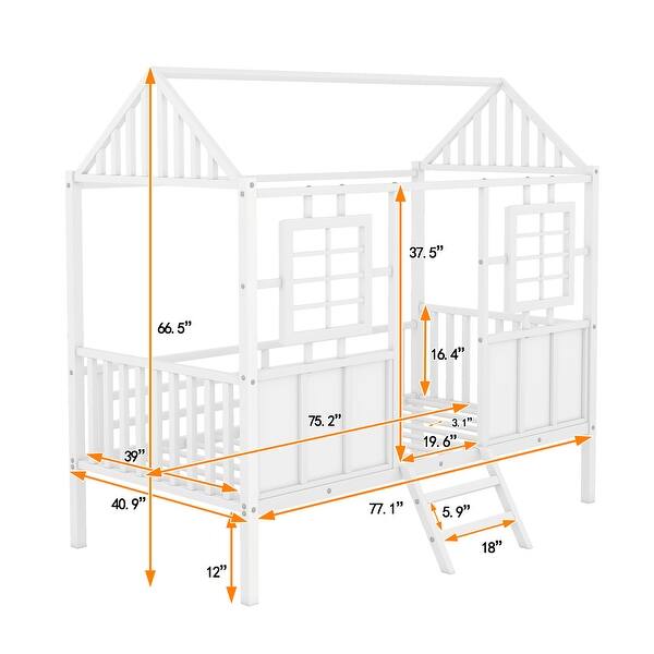 White Playhouse Inspired Metal Low Loft Bed with Roof and Front Windows - Twin Size