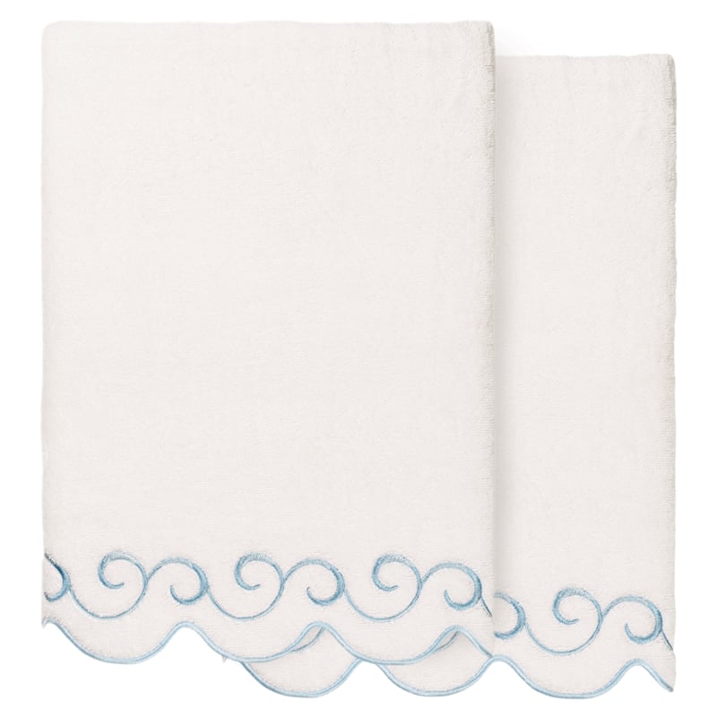 Authentic Hotel and Spa 100% Turkish Cotton SIMPLICITY Scallop Embellished Towel Collection - White/Blue - 2 Bath Towels