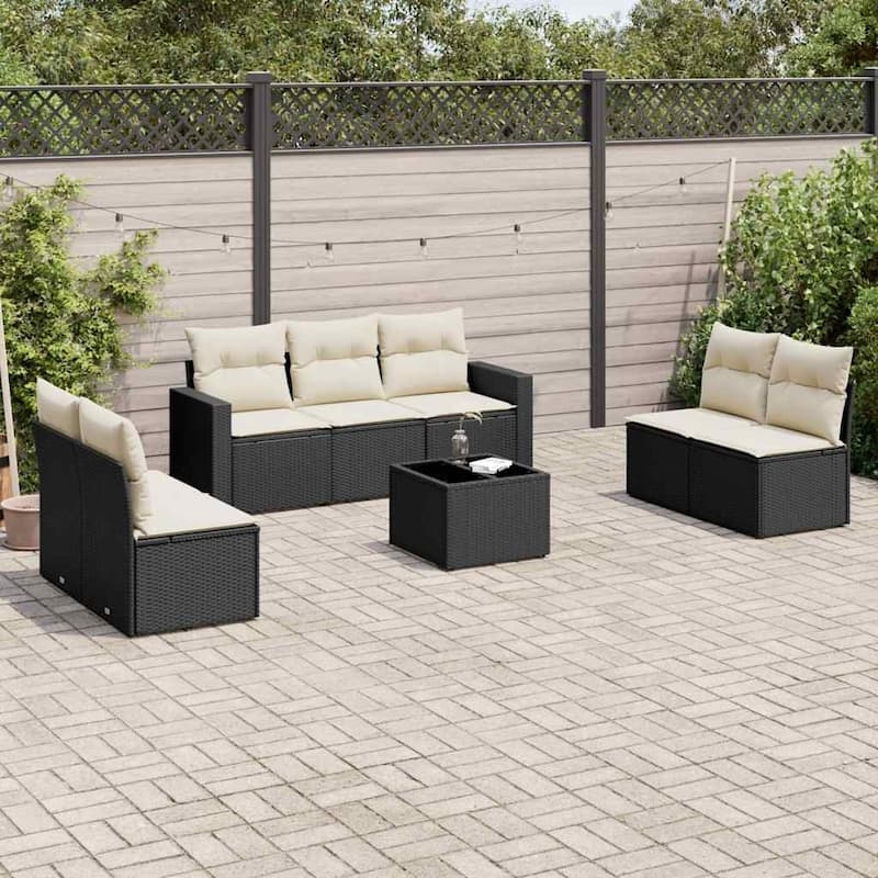 vidaXL Patio Sofa Set with Cushions Outdoor Furniture 7 Piece Poly Rattan - Black and Cream With table - 21.7 x 21.7 x 14.6 in. (W x L x H)
