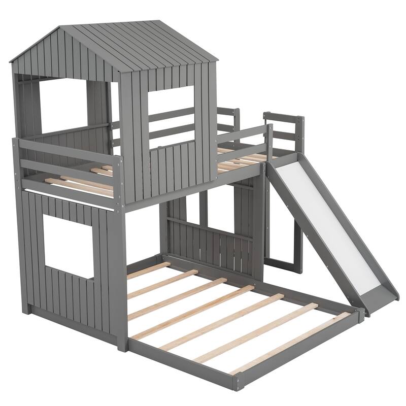 Wooden Bunk Bed, Loft Bed with Playhouse, Farmhouse, Ladder, Slide and Guardrails