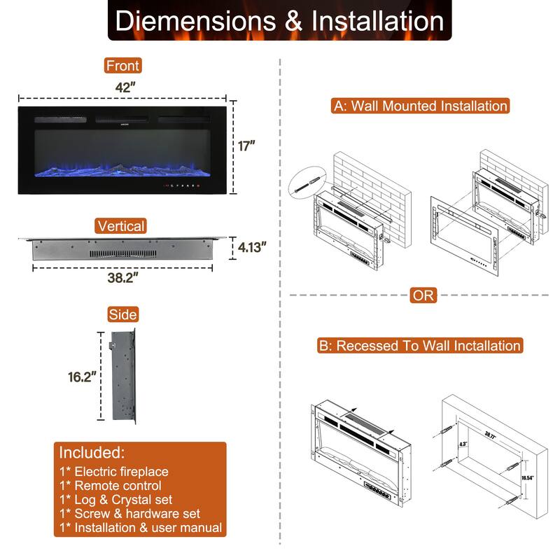 Clihome Ultra-thin Recessed Wall-Mounted Electric Fireplace