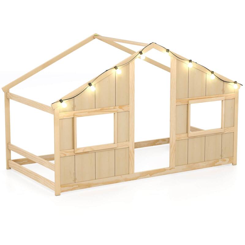 Costway Twin Size House Floor Bed with LED Lights Solid Wood Bed Frame - Natural