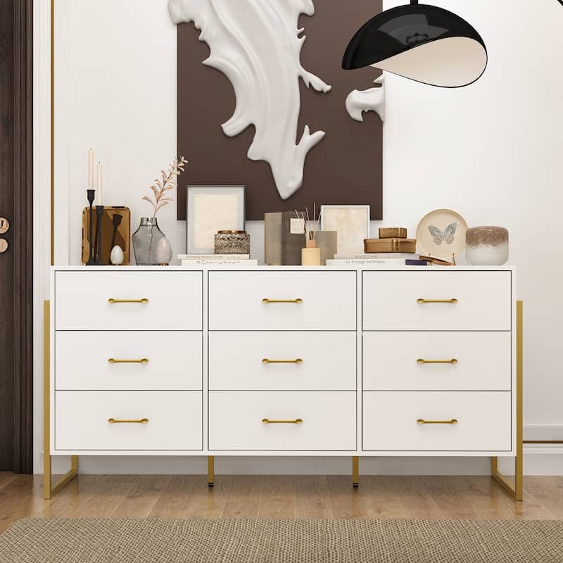 61.4"W Modern Black Dresser with 9 Spacious Drawers - Gold Handles