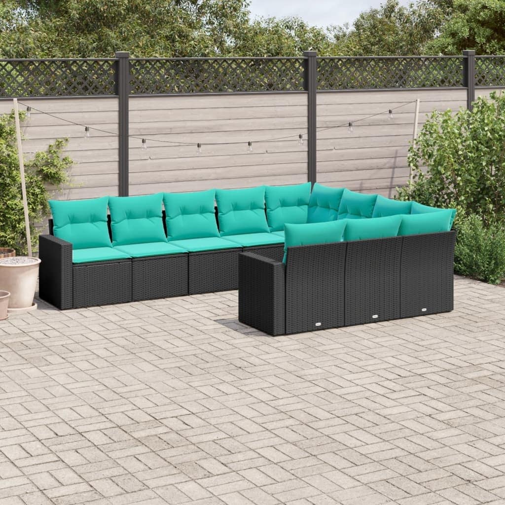 vidaXL 10 Piece Patio Sofa Set with Cushions Black Poly Rattan - 24.4" x 24.4" x 27.2"