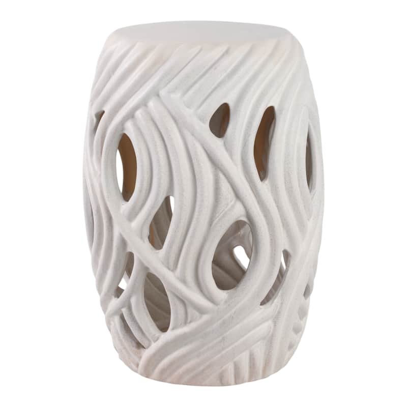 Ceramic Garden Stool Openwork Wave Design for Home Office - 19" White