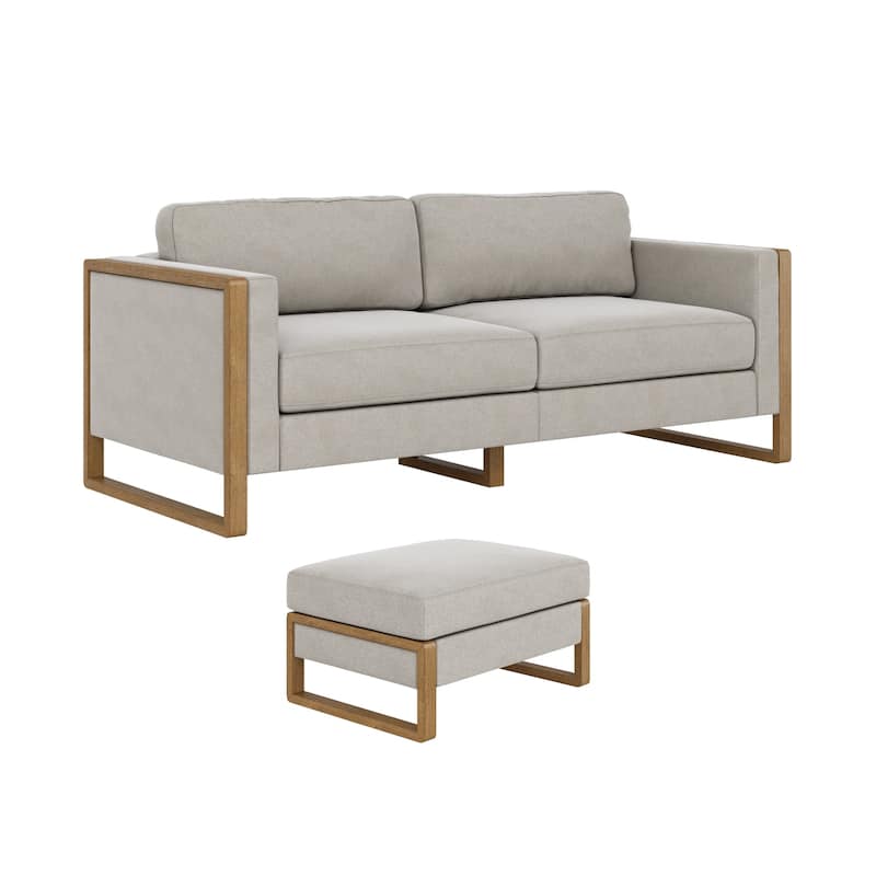 Madison Modern 2-Seater Sofa Set with Storage Ottoman, Upholstered Modular Sofa with Cushion and Solid Wood Legs
