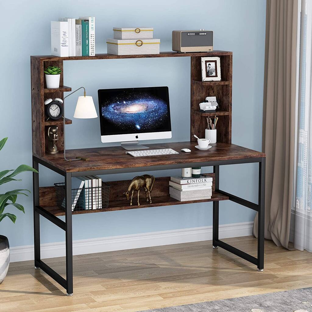 47 Inches Computer Desk with Hutch, Study Writing Table for Home Office, Retro Style Modern Writing Desk with Bookshelf, Brown