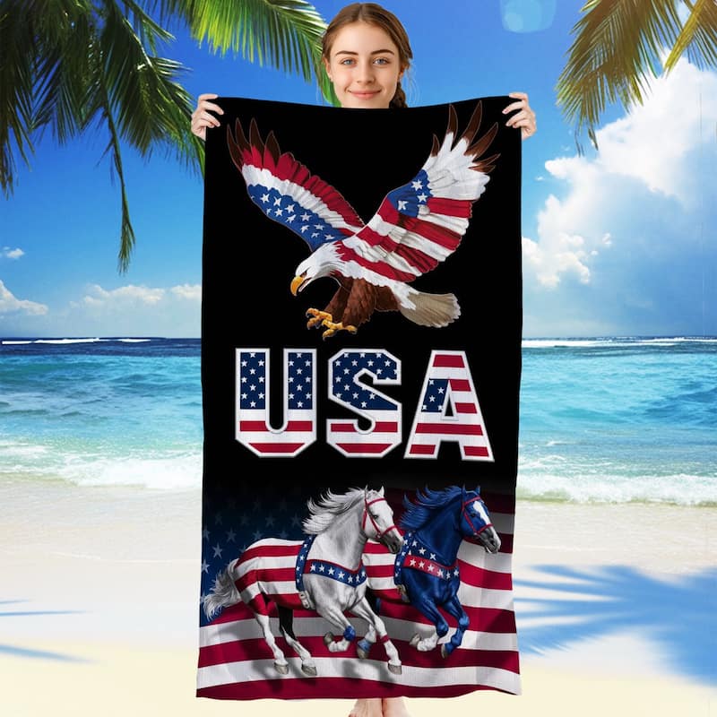 Eagle Horse USA Flag Beach Towel 30" x 60" - Eagle Horse