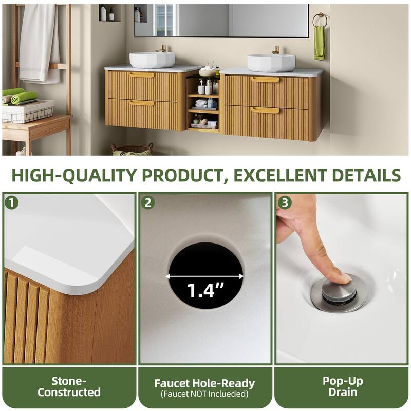 Moasis 72 Inch Floating Bathroom Vanity with 2 Faceted Ceramic Basins&4 Large Storage Drawers & 4 Open Spaces