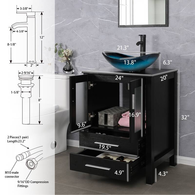 eclife 24" Classical Bathroom Vanity Set with Tempered Glass Vessel Sink Oil Rubbed Bronze Faucet and Drain