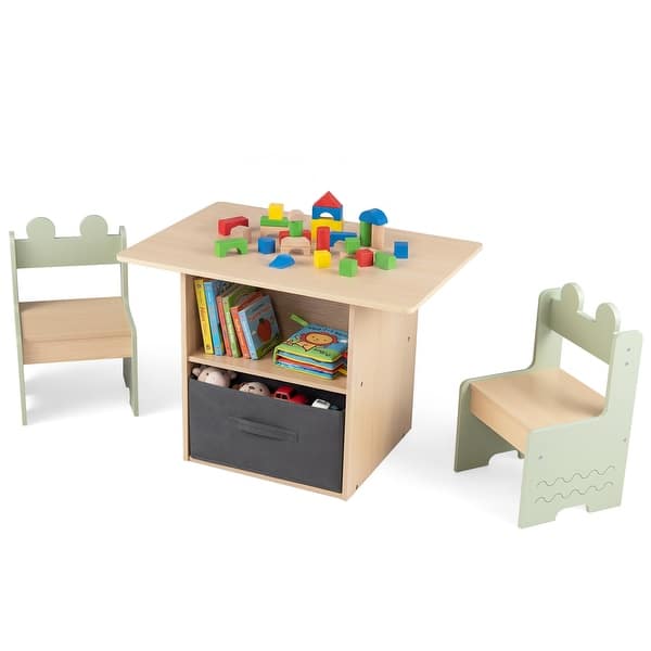 slide 2 of 10, Gymax Kids Table & Chairs Set w/2 Open Compartments Fabric Drawer for Natural, Green