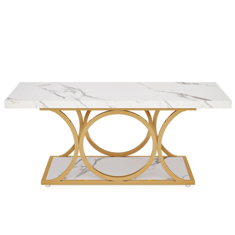 Rectangle Coffee Table, 47.24-inch Modern Coffee Tables, 2-Tier Faux Marble Wood Coffee Table with Geometric Legs