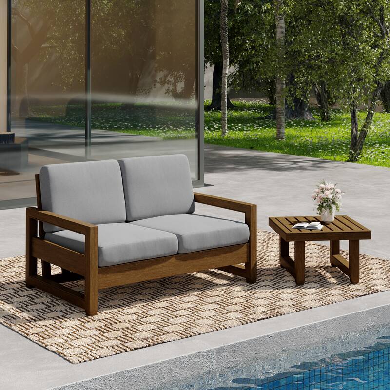 Teak Wood Cushioned Outdoor Patio Loveseat Set with Side Table - Natural Wood - Light Grey