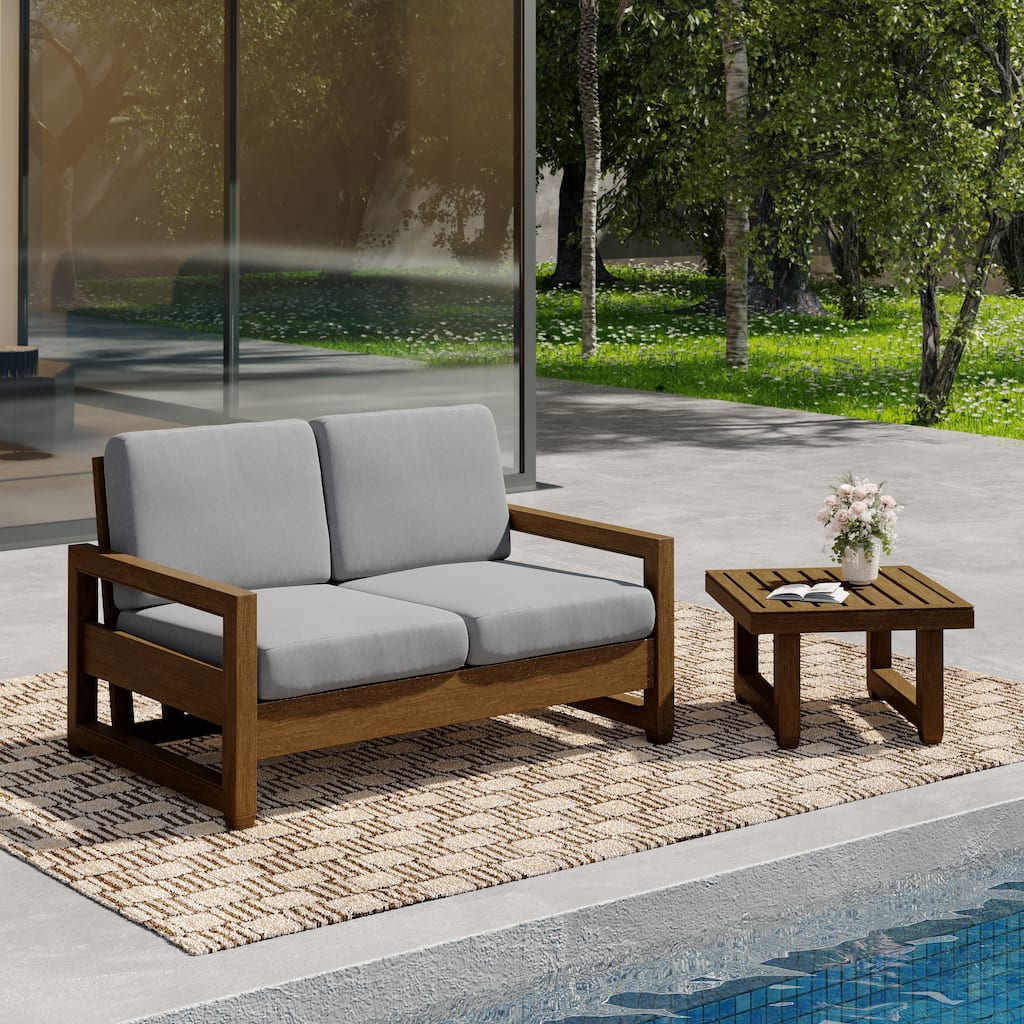 Teak Wood Cushioned Outdoor Patio Loveseat Set with Side Table