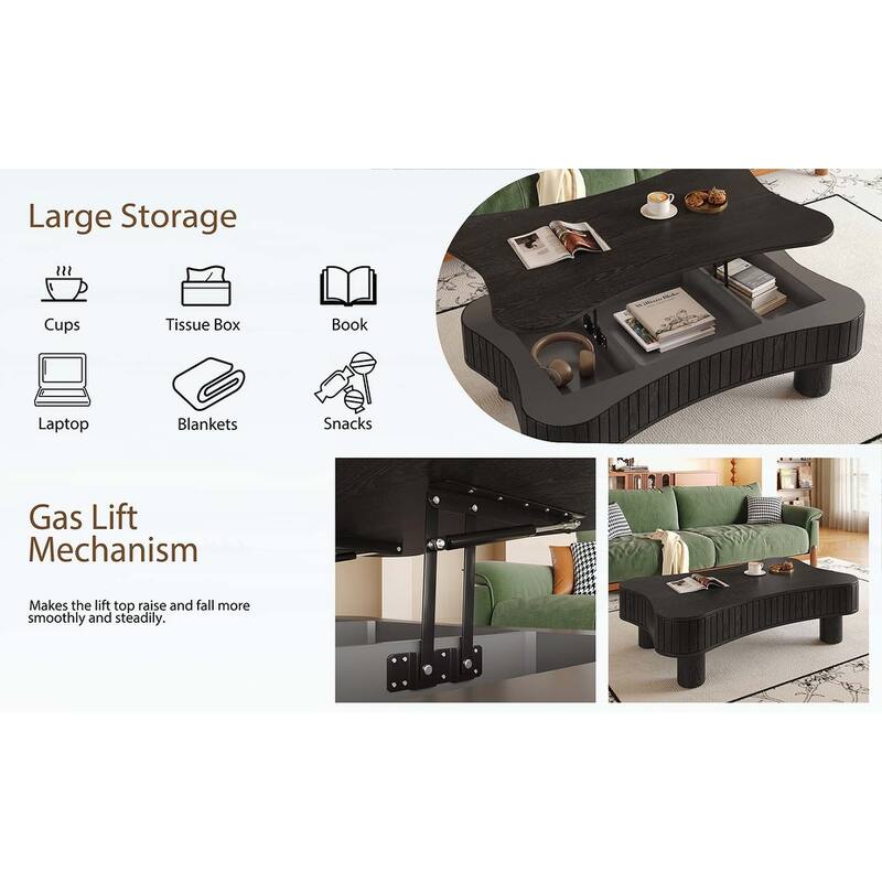 Lift Top Coffee Table with Fluted Panels,Hidden Storage,and Silent Hydraulic Lift for Modern Living Rooms