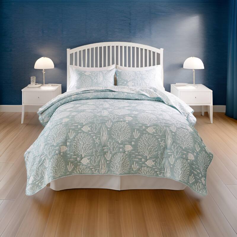 Amy 2pc XL Twin Coverlet and Pillow Sham Set, Coastal Design Seafoam Blue
