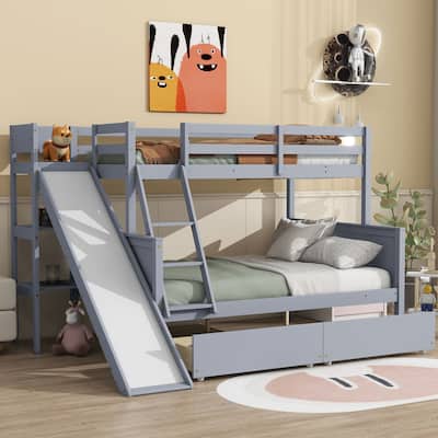 Space-Saving Twin Over Full Bunk Bed with Storage Drawers, Slide, and Ladder - Grey