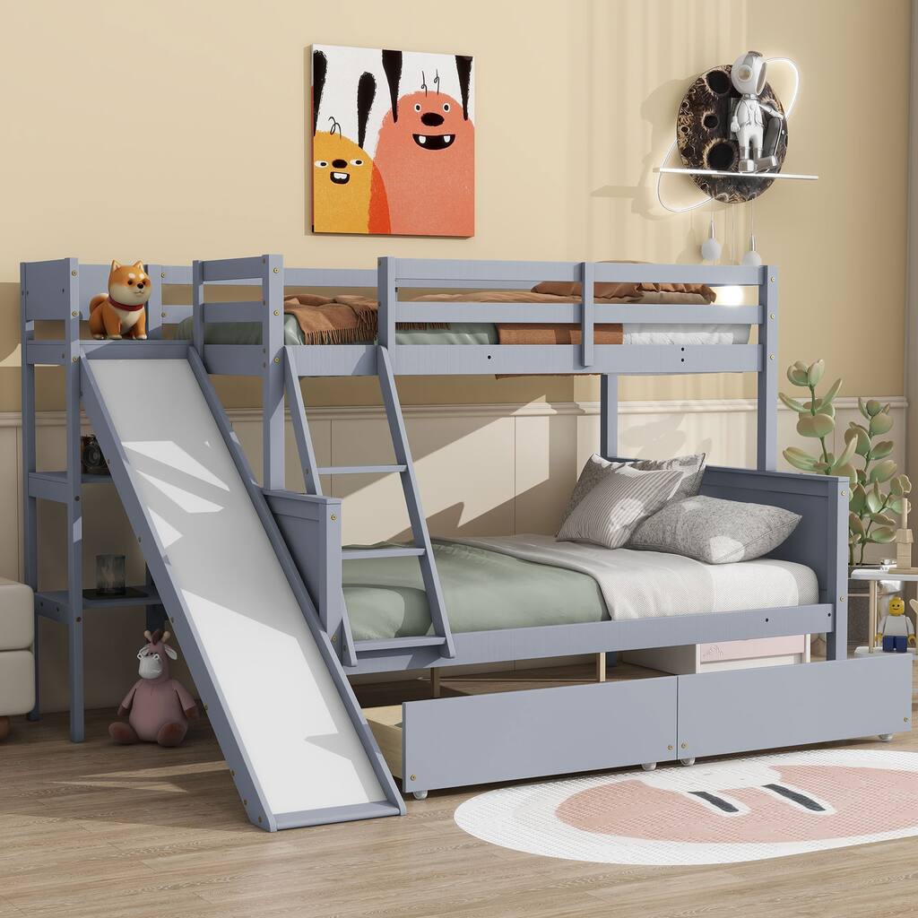 Space-Saving Twin Over Full Bunk Bed with Storage Drawers, Slide, and Ladder - Grey